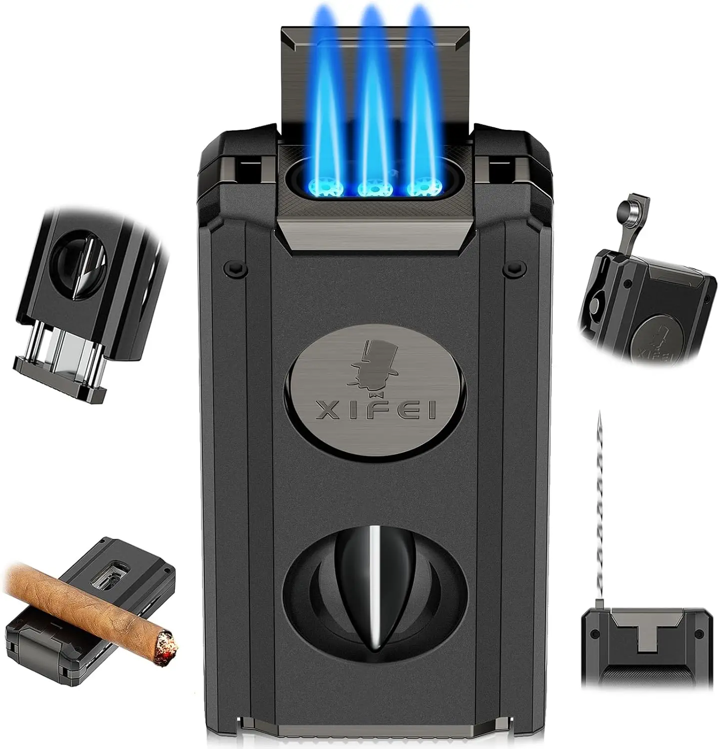 

Многофункциональная ветрозащитная зажигалка 5-в-1 с тройным струйным пламенем, сменными баллонами, гильотиной для сигар, пробойником, усилителем зажигания и держателем