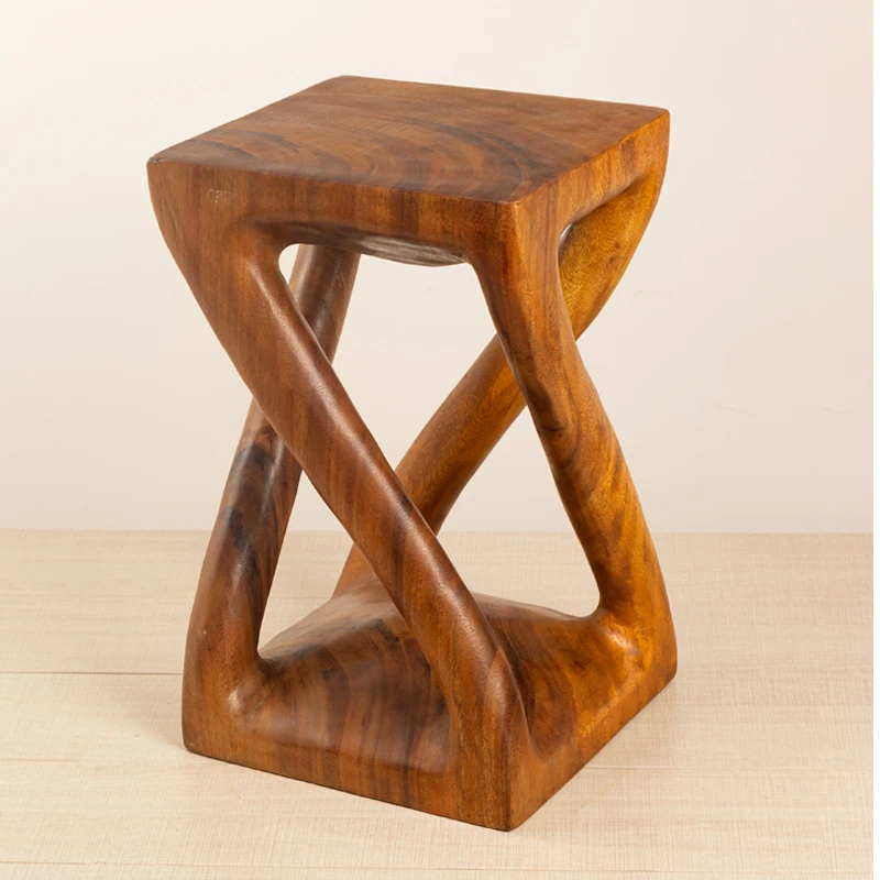 Solid Wood Twist Stool Accent Table Living Room Square Side Table Top End Table Flower Stand Hand-Carved Stool with Unique Shape