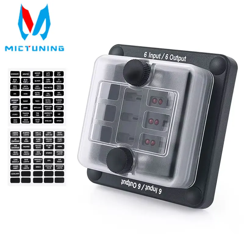 MICTUNING 6-Way Fuse Block Holder (6 Input/6 Output) - 6 Circuit Blade Fuse Box with Waterproof Protection Cover Sticker Labels