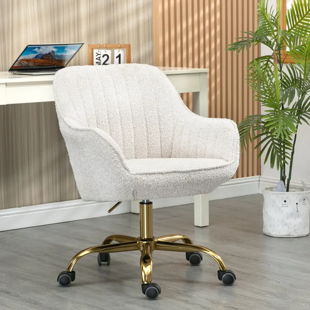 360° Beige Boucle Fabric Swivel Chairs with High Back Adjustable Working Chairs Golden Color Base Gaming Chairs Computer Chair