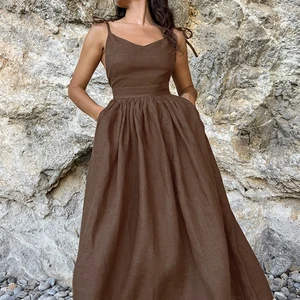 BcLout Brown Fashion Line Damen Frauenkleid 2024 elegante Parletten Taschen die Linie Sommerkleider sexy ohne Rückenpartykleid 8 Hauptverkäufe langes braunes Kleid - №5