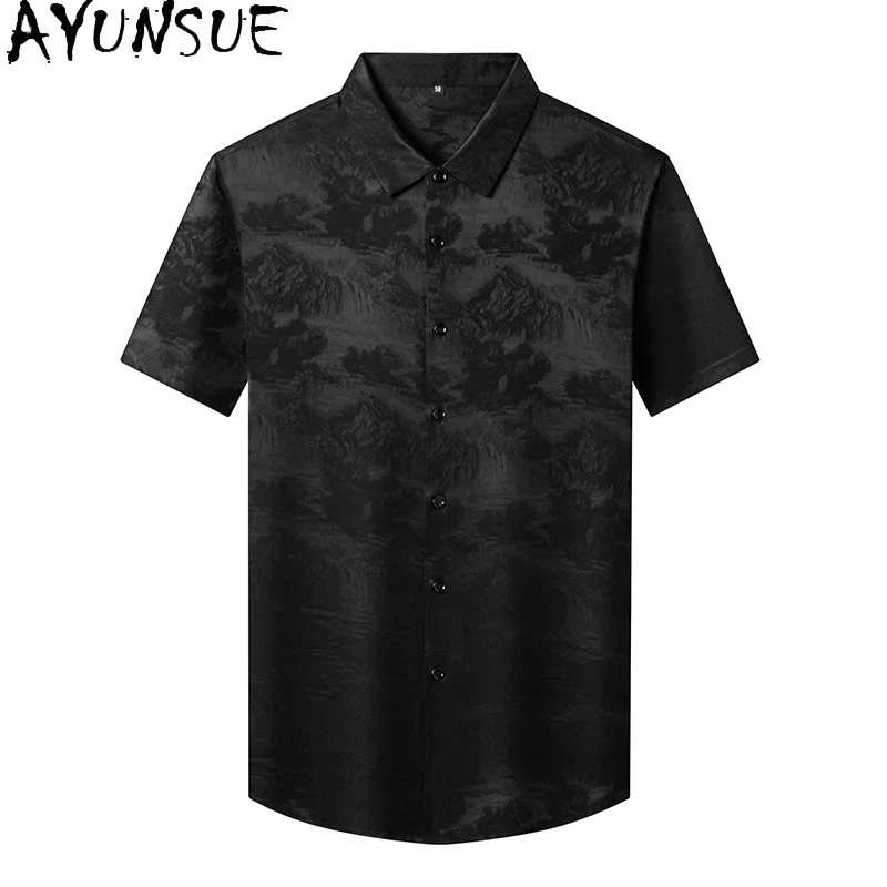 

AYUNSUE High Quality 92.4% Mulberry Silk Man Short Sleeve Shirt Summer Business Casual Mens Shirts Fashion Male Black Shirt 셔츠