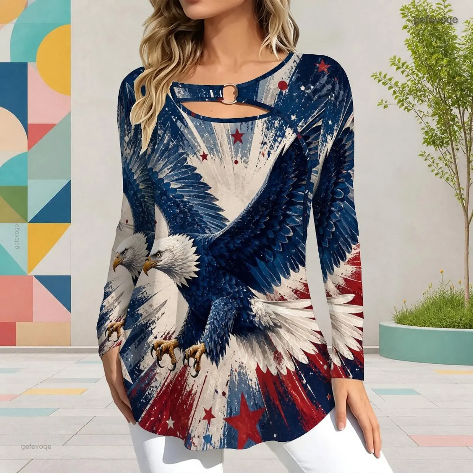 Printed Top for Women Keyhole Ring Neck Long Sleeve Flared Hem