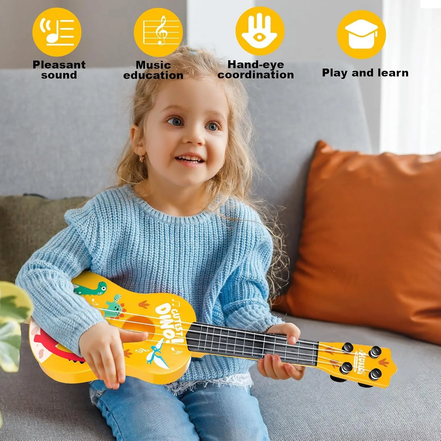17 Inch Mini Kids Classical Guitar 4-String Ukulele - Dinosaur Design, Christmas Birthday Gift, Musical Toy for Beginners, Party