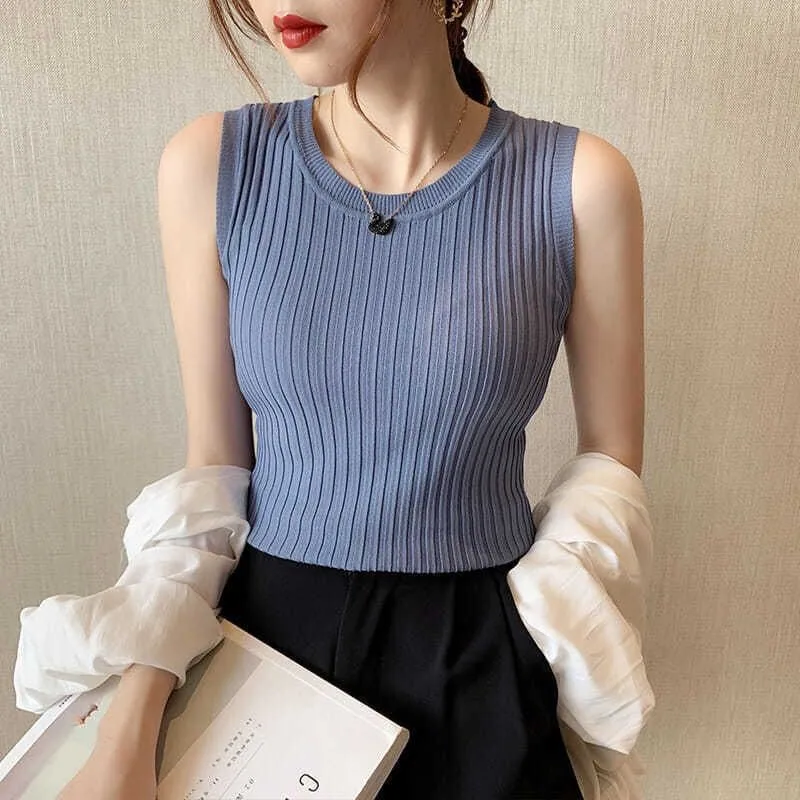 Summer Women's Ice Silk Knitted Vest round Ne Svel Base Layer Slimming Versatile Outerwear  Color Commute Sle