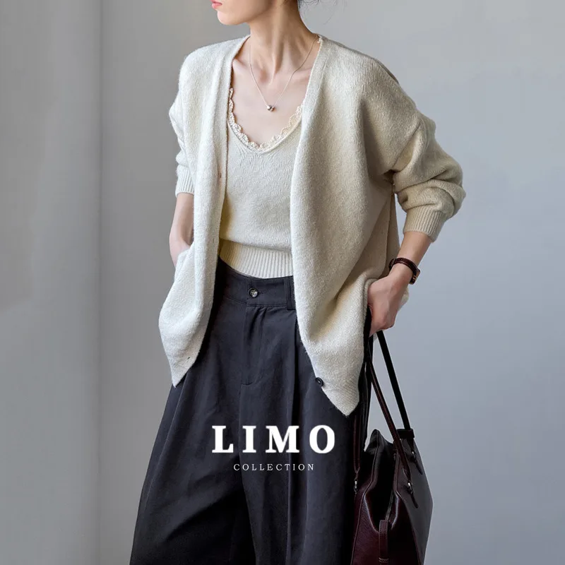 

LIMO 2025 Women's Knitted Cardigan and Cami Set Casual Loose Outfit Acrylic Polyester Two Piece Set for Fall Winter Daily Wear