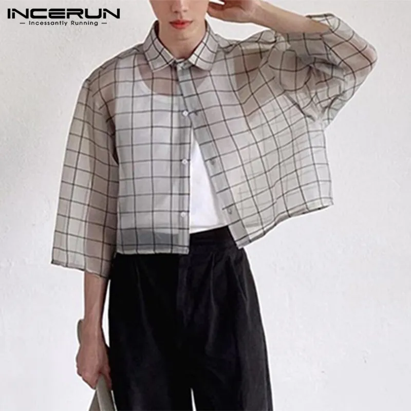 INCERUN Men Shirt Plaid Mesh Transparent 2026 Lapel 3/4 Sleeve Sexy Casual Men Clothing Streetwear Loose Button Fashion Camisas