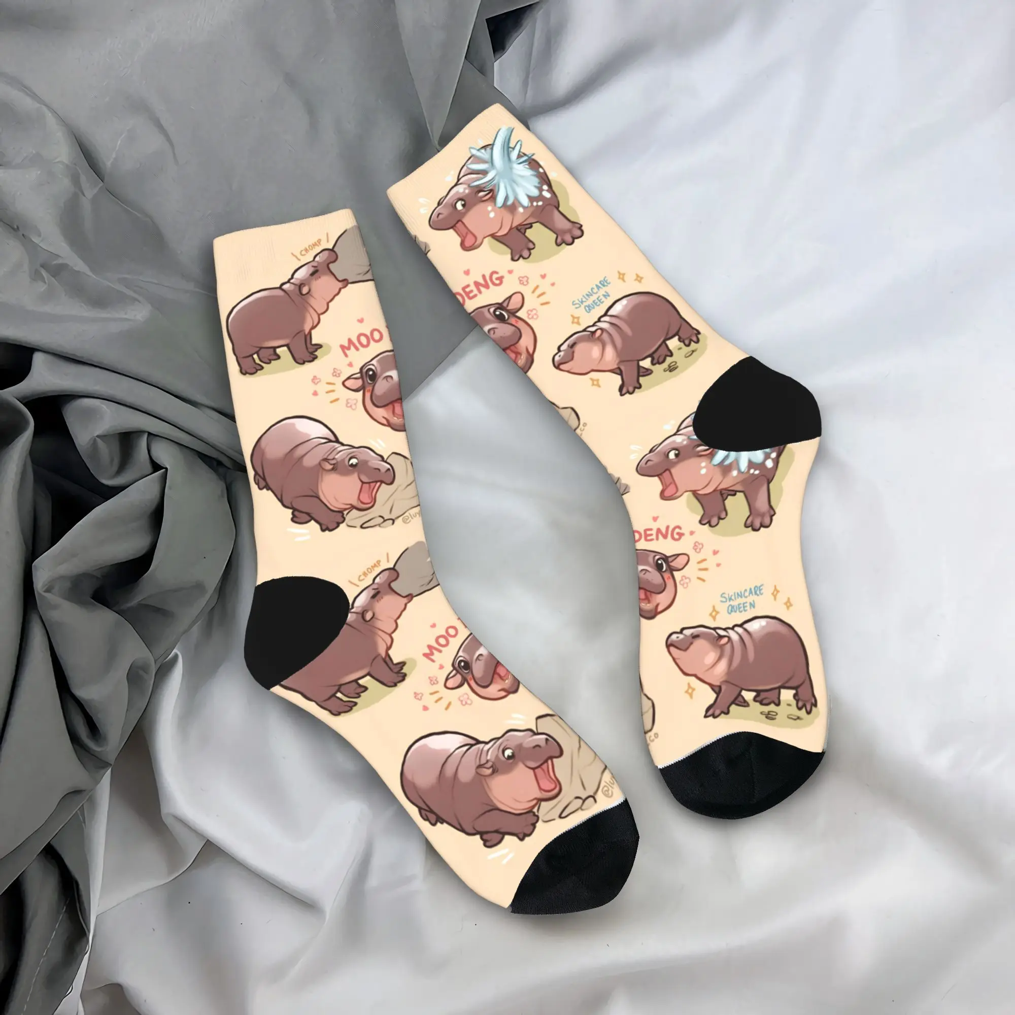 Cute Hippo Moo Deng Stockings  Trendy Socks Men Soft Socks Autumn Outdoor Custom Anti Bacterial Socks Birthday Gift