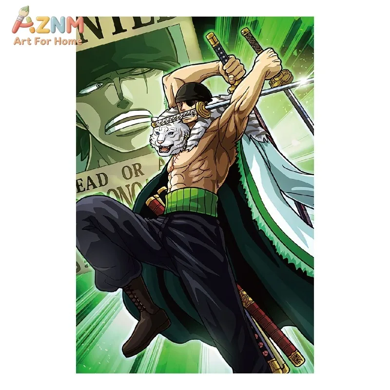 AZNM One Piece Roronoa Zoro Máscara de Tigre Blanco Estilo Tres Espadas Luz Verde Póster de Buscar y Detener Anime Lienzo sin Marco Arte de Pared, Moderno