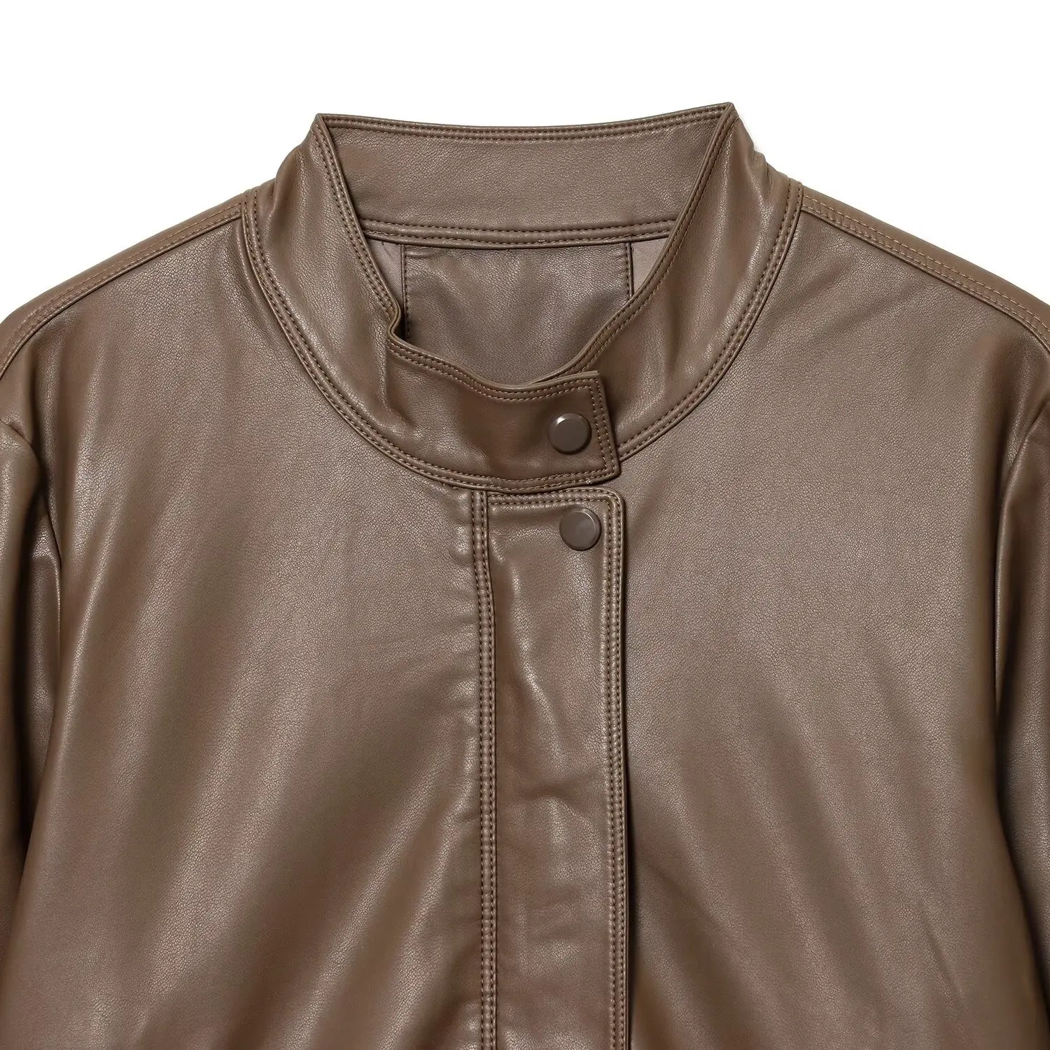 Faionable Street Sle Women's Leather Jaet Double Zipper Stand Collar Basic Model ZR Trend ort Outerwear Coat