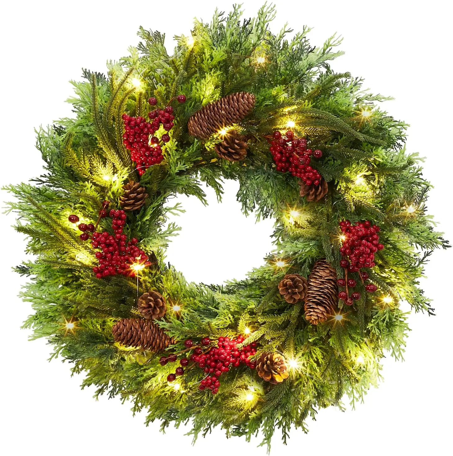 22 Inch Christmas Wreath for Front Door, Artificial Christmas Wreath with Pine Cone and Berries,Natural Cypress Christmas Wreath