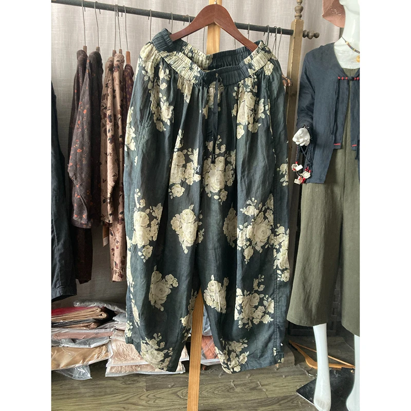 

New Spring Summer Women Good Quality Cotton Linen Ankle-length Pants Casual Loose Elastic Waist Floral Print Bloomers Pants T430