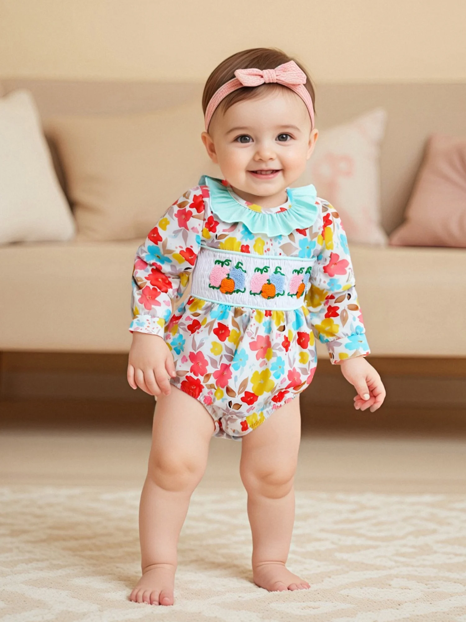 

Baby Girl Fall Romper Floral Print Pumpkin Embroidery Long Sleeve Ruffle Jumpsuit Halloween Toddler Baby Girl Clothes