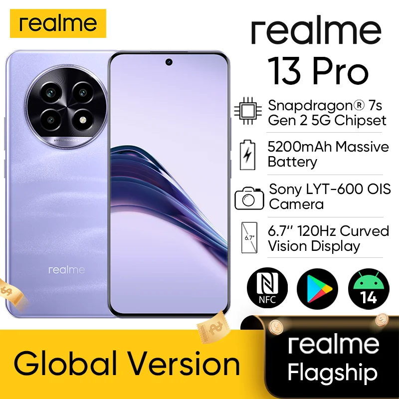 Realme 13 Pro الهاتف الذكي Snapdragon 7s Gen 2 5G شرائح سوني LYT-600 OIS كاميرا 120 هرتز شاشة منحنية AI تصوير بطارية 5200 مللي أمبير في الساعة