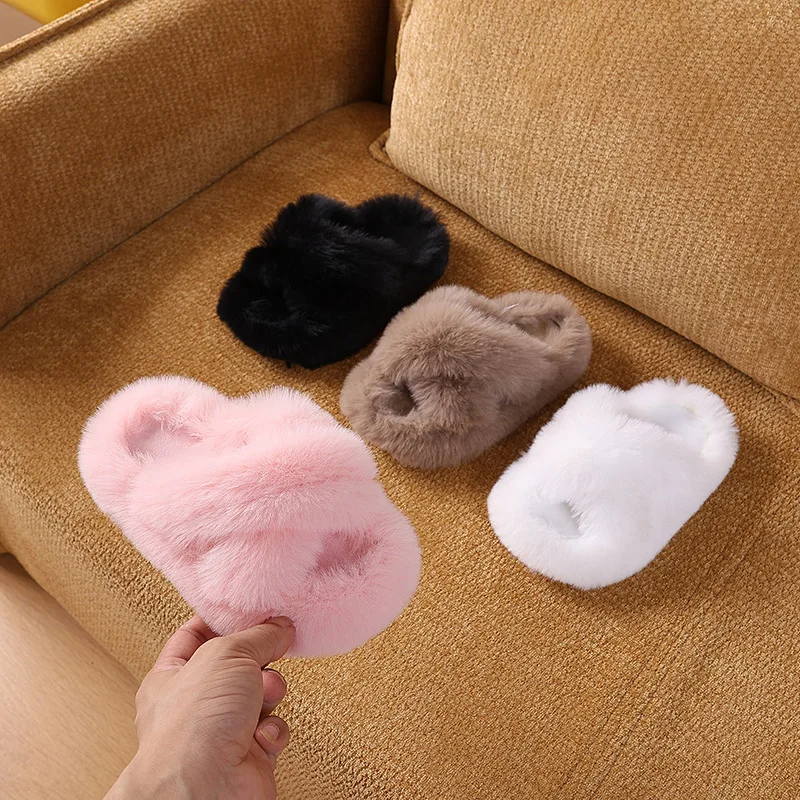Childrens Furniture Slippers Khaki Warm Wool Girls Boys Soft Fur Slippers Autumn Winter Beige White Outside Kids Cotton Slippers