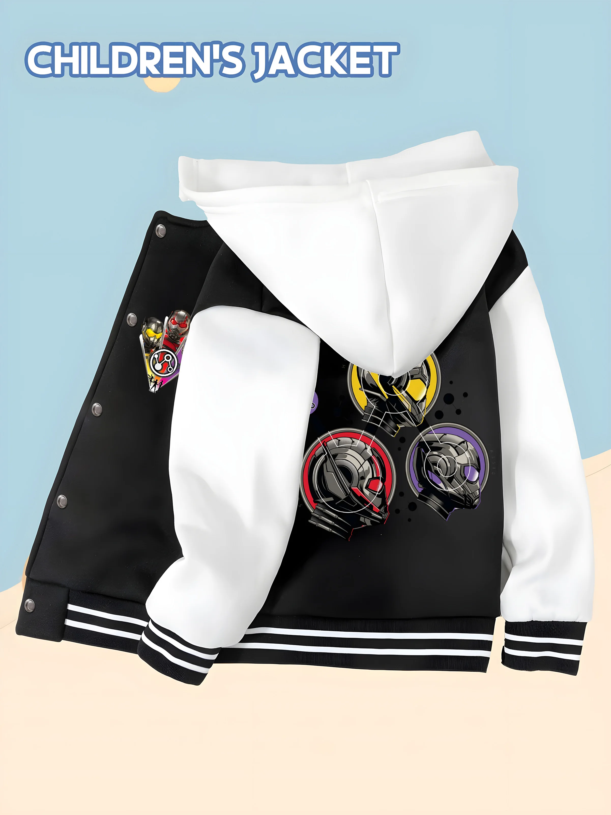 

MINISO Marvel Boys' Baseball Jacket - Ant-Man Team Print, Double-sided Pattern, Comfortable Fabric, Black and White, Fashionable