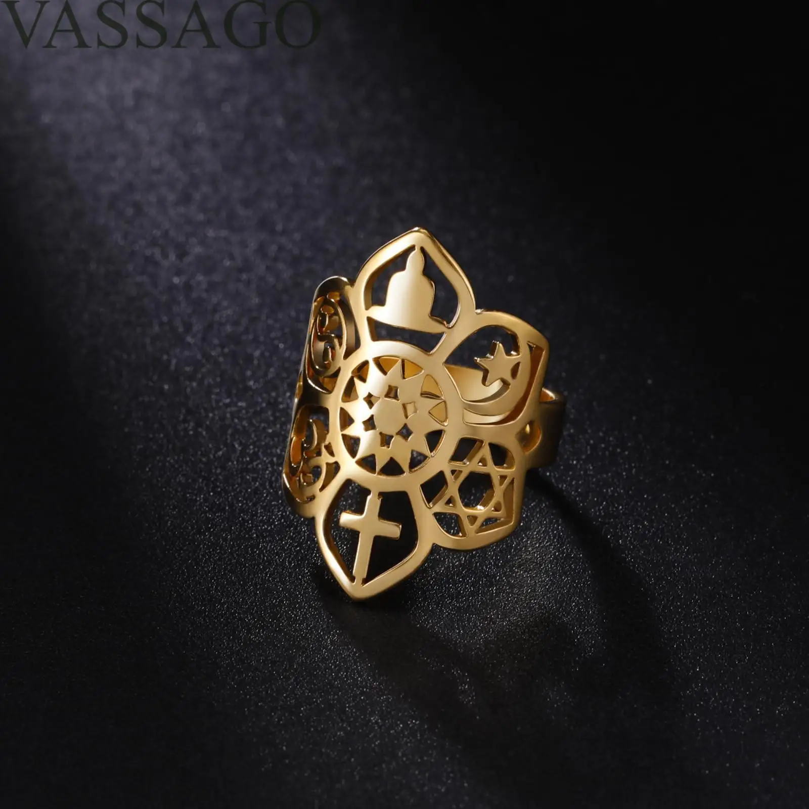 Lotus Flower Adjustable Ring Coexist Om Cross Islam Star Moon Star of David Yin Yang Yoga Ring for Women Gilrs Religious Jewelry