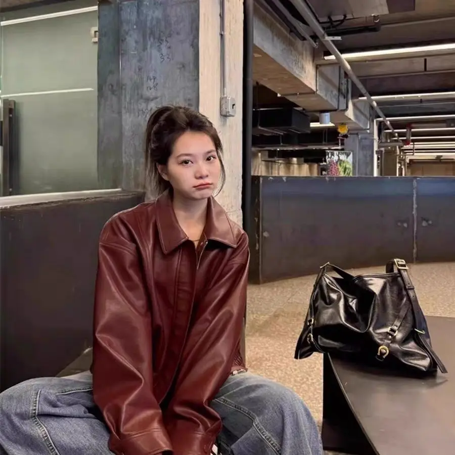 2025 Spring and Autumn New Women's Leather Jacket PU Commuter Loose Jacket