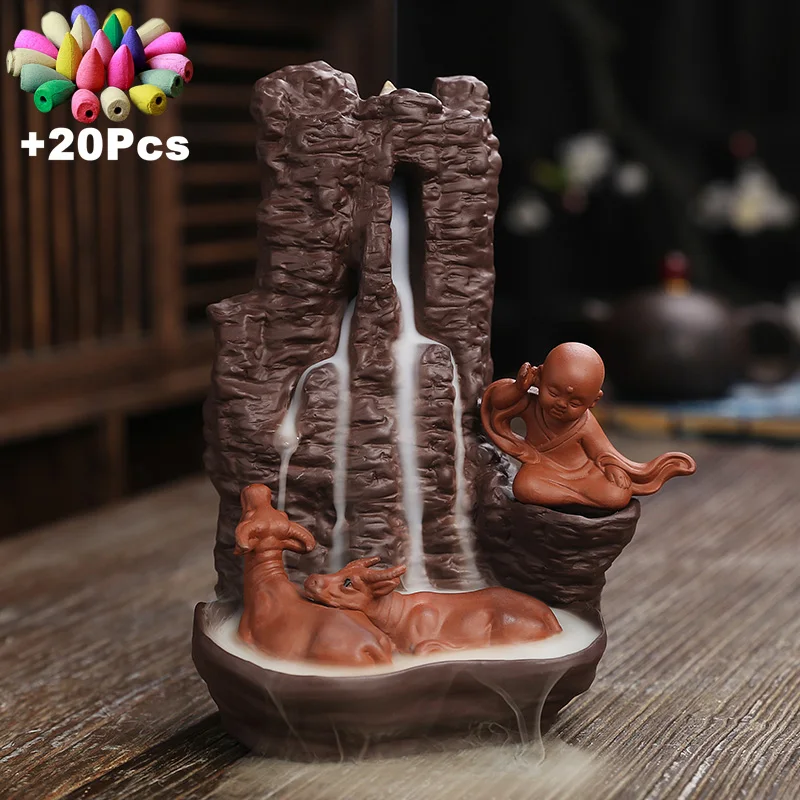 Hand-made Purple Clay Craft Gifts Shepherd Boy and Bulls Waterfall Backflow Incense Fountain Home Decoration +Gift Cones