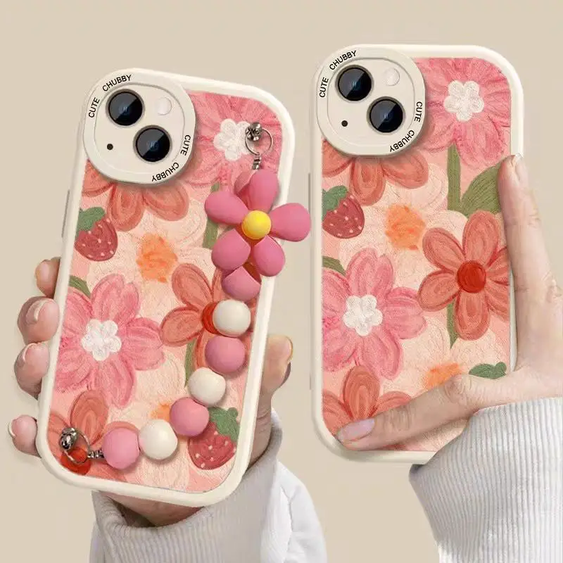 Case Voor Xiaomi Mi 11 Lite 5G Ne 11T 9T 10 12 12S 10T Pro 9 8 Se Poco X4 Gt X3 Nfc Bloem Zachte Siliconen Hoes Met Polsketting
