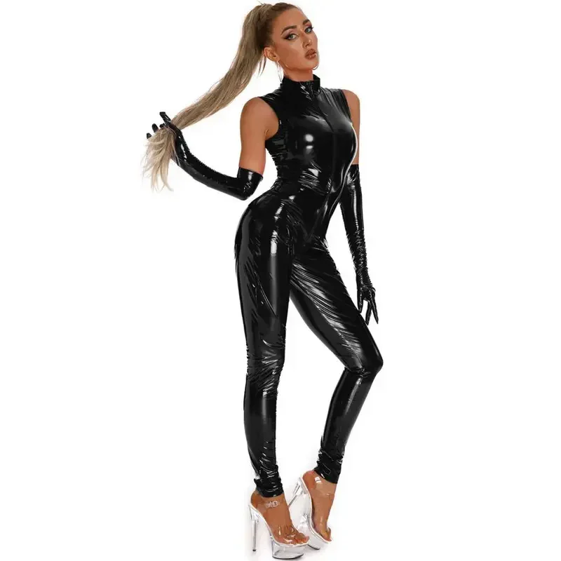 Sleepveless PVC Catsuit Two Way Zipper Open Crop Bodysuit Shiny PU Leather Cosplay Jumpsuit Leotard Tight Sexy Clubwear Unit MN4