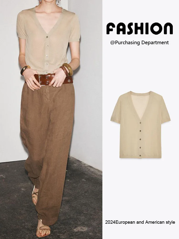 Nuevo Top Versátil de Verano 2025 para Mujer, Cómodo, de Punto, Manga Corta, Cuello en V, con un Solo Botón, Estilo Casual pa...