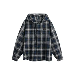 New Men's Hooded Plaid Shirt Loose Casual Long Sleeve Checked Overshirt Buttons Blouse Coat Male