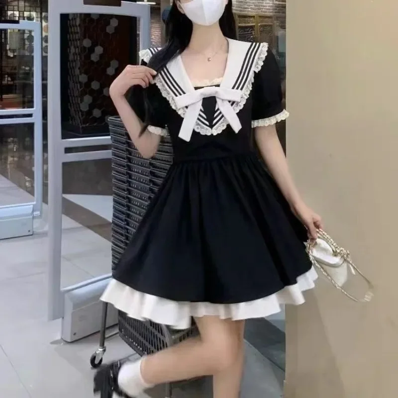 Japanese Girls Academy Style Lolita 2024 Pullover V-neck Sweet Colored Bow with Lace Folds Fashion Casual Short Sleeved Dress