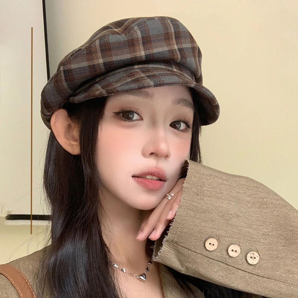 HT4425 Women Berets Vintage Flat Top Army Captain Cap Retro Plaid Artist Painter Beret Hat Ladies Spring Autumn Caps for Women image 6