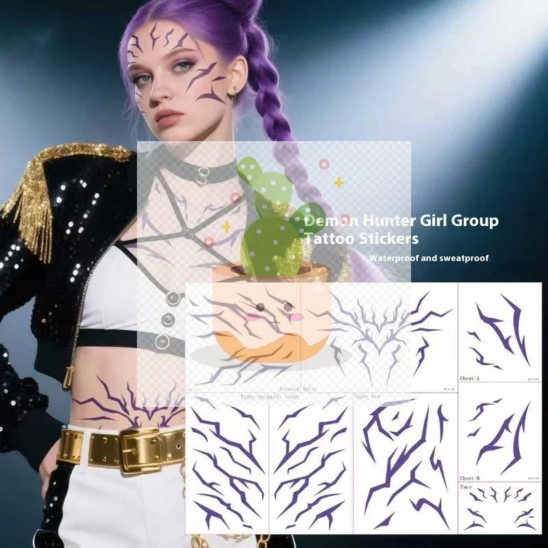 شيطان الصيادين رومي جينو ملصقات الوشم المؤقت أنيمي تأثيري هالوين المرحلة البرق ماكياج الوجه ديكور ملصقات