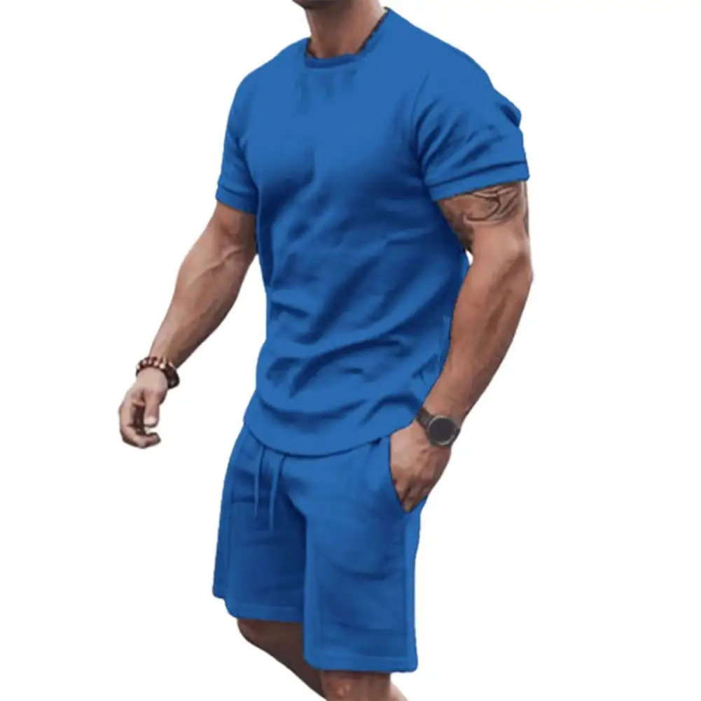 2 Pcs/Set Summer Men Tracksuit Plus Size Sweatshirt Solid Color Short Sleeve Drawstring T-shirt Shorts Set Male Garment