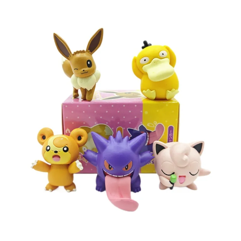 5 Pcs/Set Anime Pokemon Sing Show 3-4.5cm Statue Figure Kawaii Psyduck Eevee Jigglypuff Gengar Kid Toy Model Ornaments Gift Doll