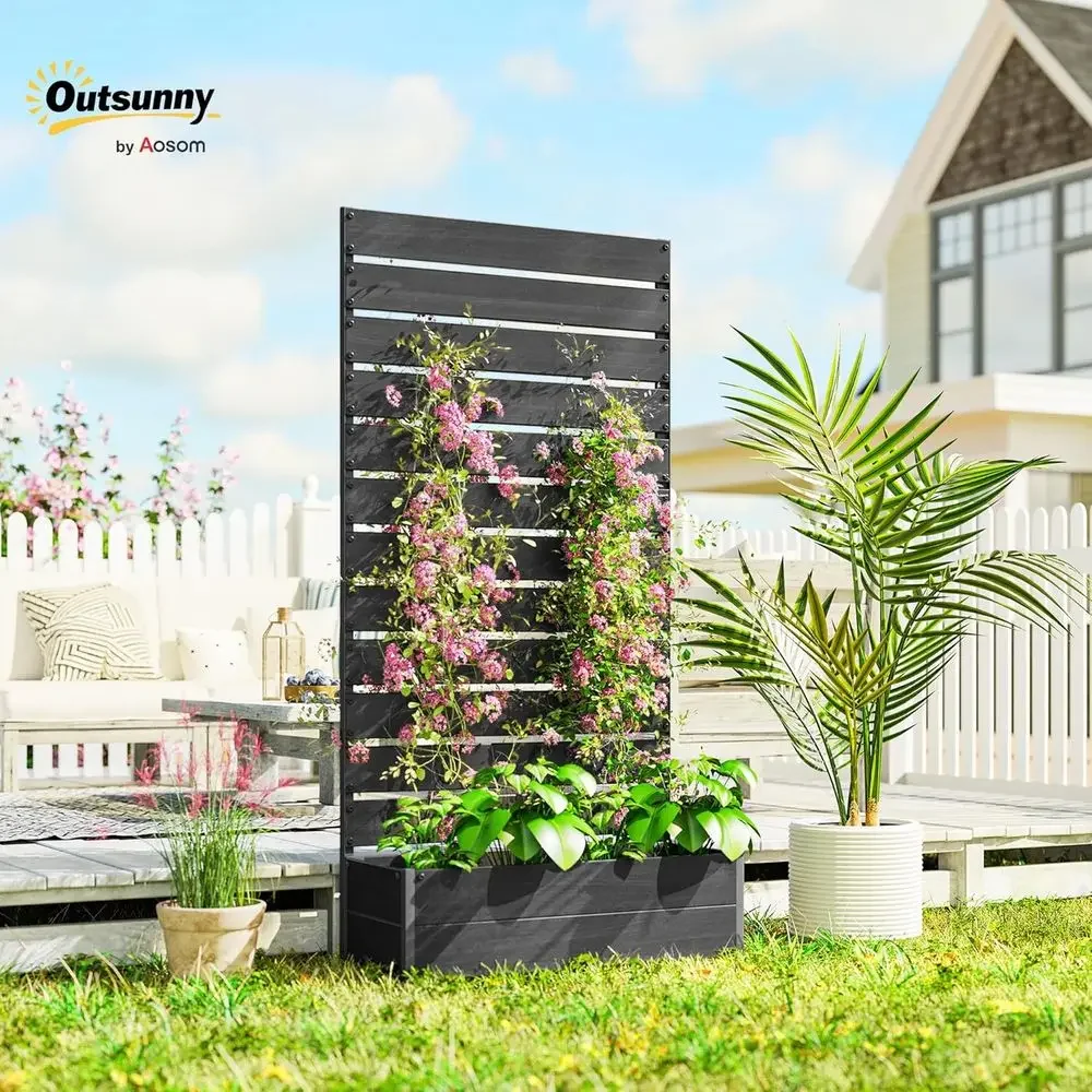 Elevated Garden Bed with Trellis, Planter Box with Drainage, Outdoor Patio Deck, 35.75 x 15 x 70.75, Black