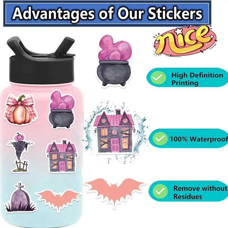 Halloween Stickers Pre-Cut Pumpkins Bat Ghosts Spider Web Cartoon 50PCS Halloween Sticker Decoration Waterproof Sticker Sheets