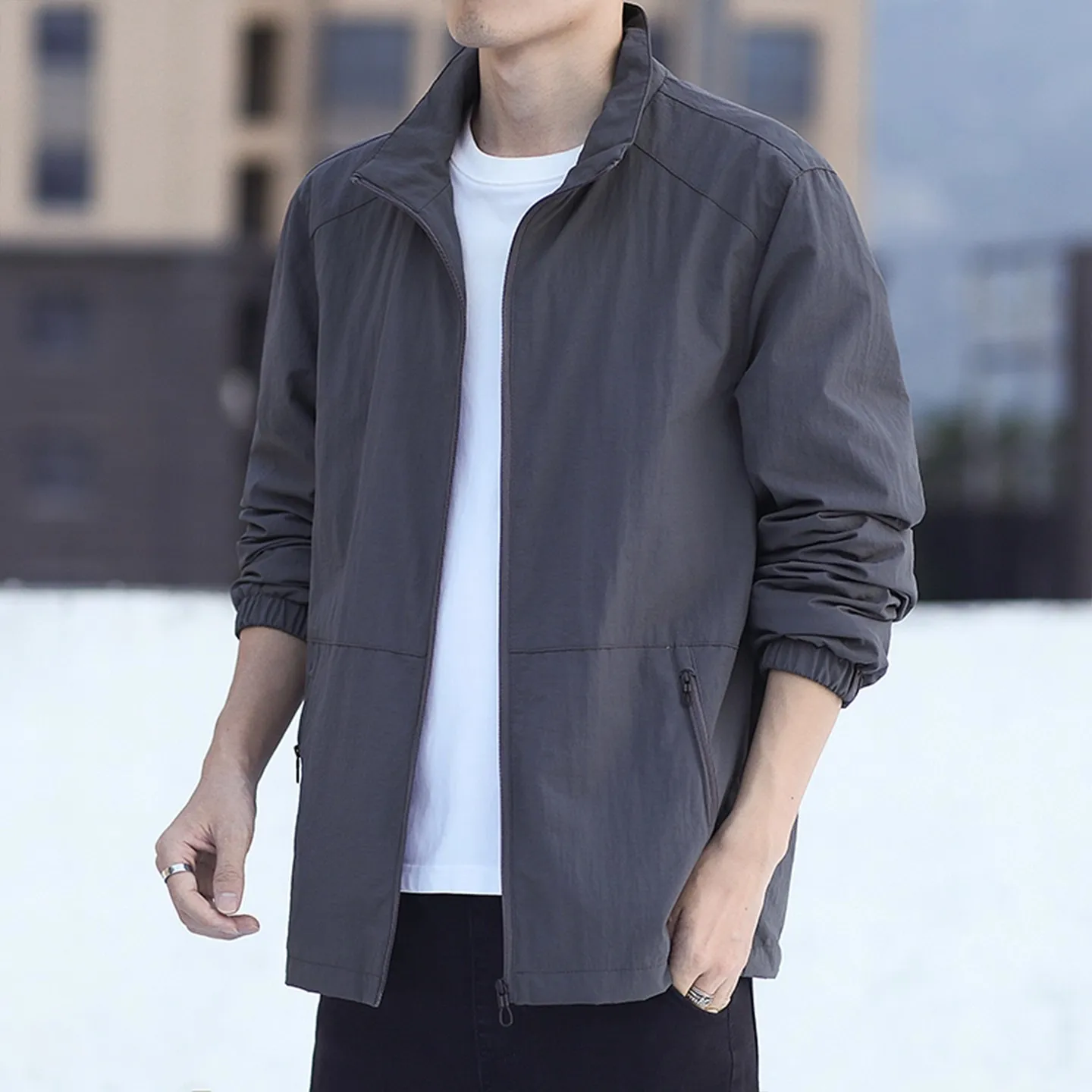 

Men's Casual Loose Fit Long Sve Jaet Windproof Outdoor Workwear Spring Autumn Stand Collar Trousers Polyester Fiber