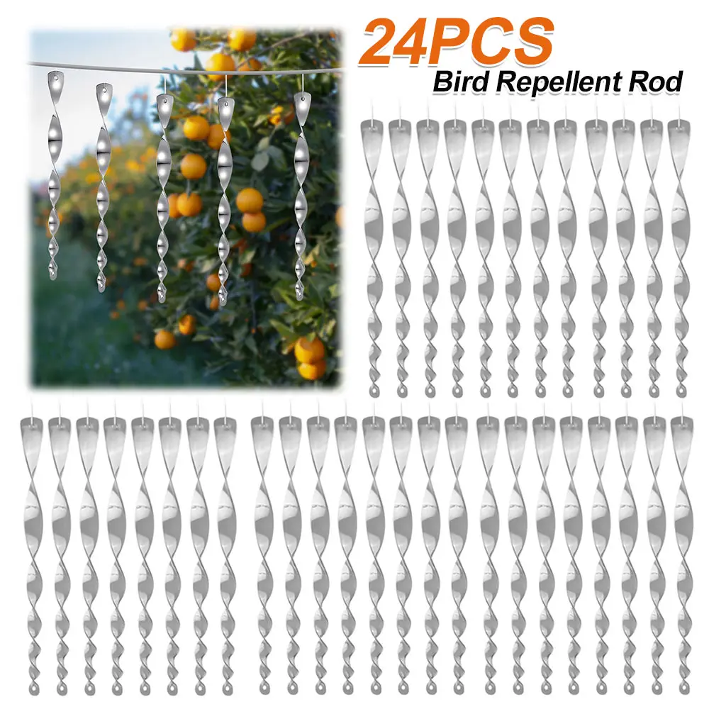 24PCS Bird Repeller Rotating Rod Reflective Bird Deterrent Rods 30cm Hanging Spiral Rod Anti-bird Protection Garden Decor Chimes