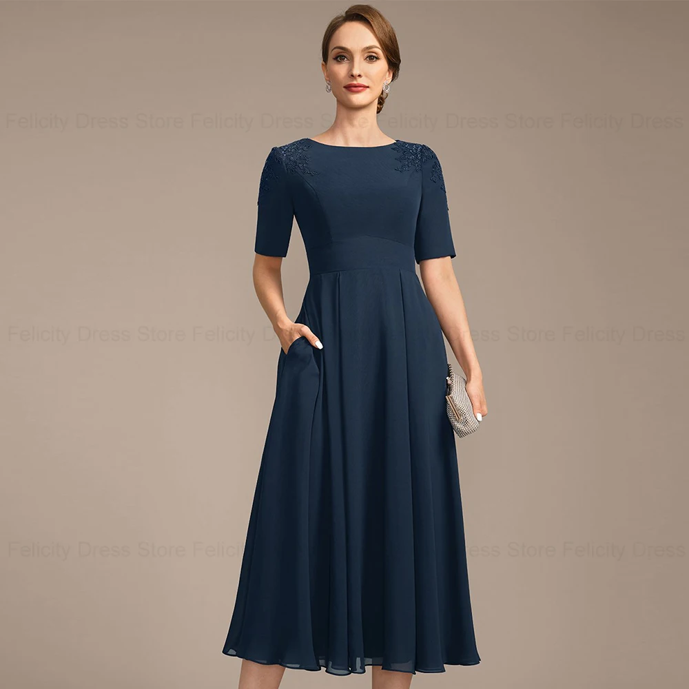 FELICITY Elegant Mother of the Bride Dresses 2024 A-line Scoop Wedding Guest Dresses Appliques Sequins Tea-Length Evening Gowns