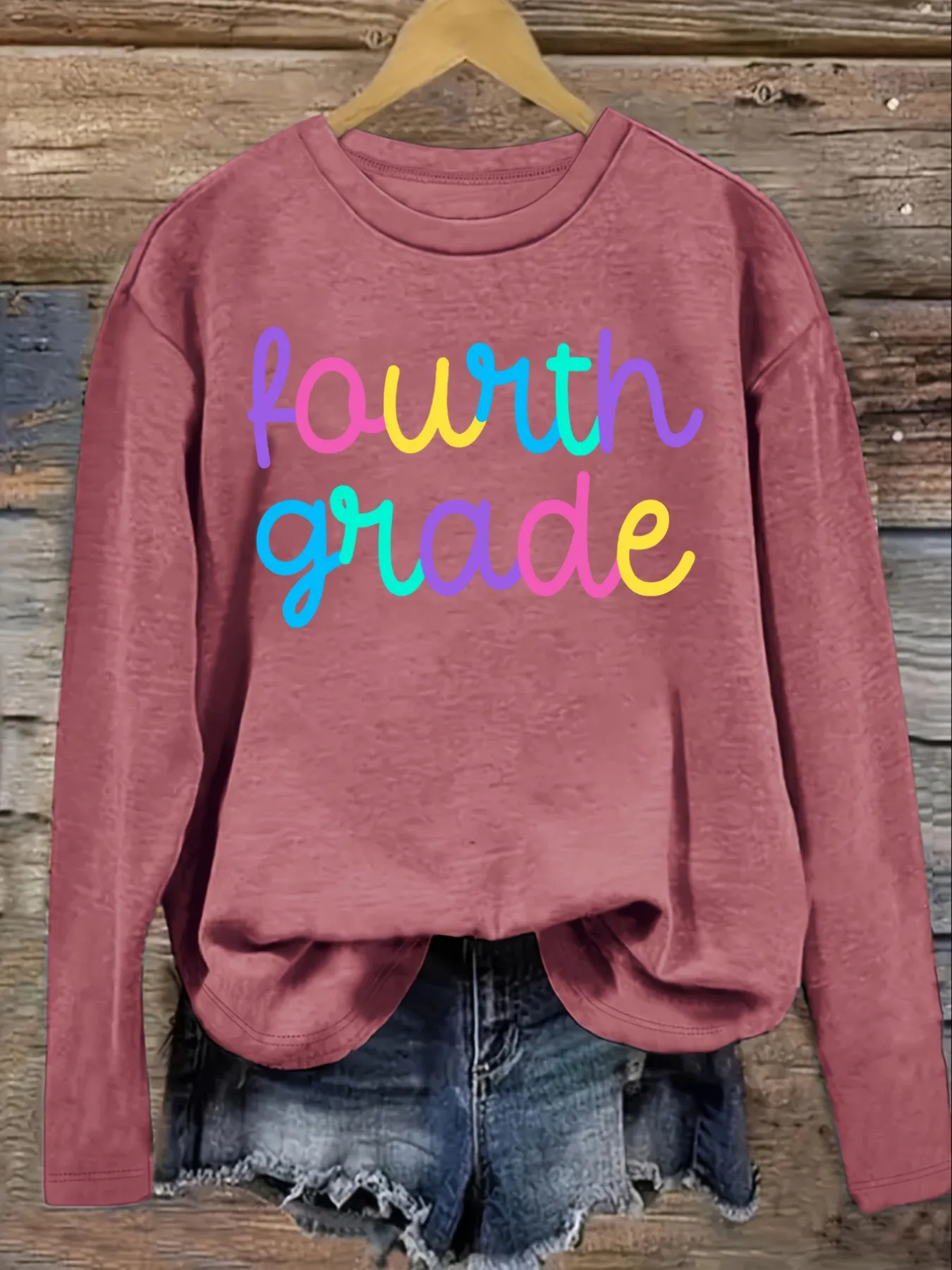 Women's Casual Long Sleeve Crew Neck T-Shirt Fourth Grade Rainbow Text Print Design, Round Neck Women's Clothing, Machine Washable, Slightly Elastic, Loose Fit, Spring Autumn Winter Women's T-Shirt, Halloween Costume Outfit view 3
