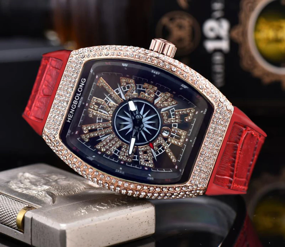 ashionable luxury diamond inlaid watch leather strap tonneau large dial watch hollowed out Frank surface calendar quartz