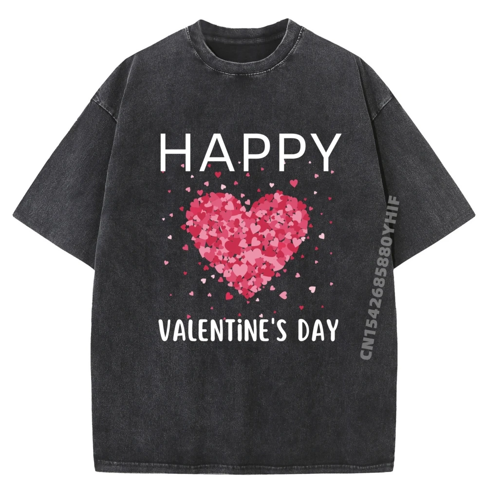 

Newest Printed Tshirt Happy Valentines Day Heart Tees Letter Graphic Shirts Oversized Washed T-shirts For Men
