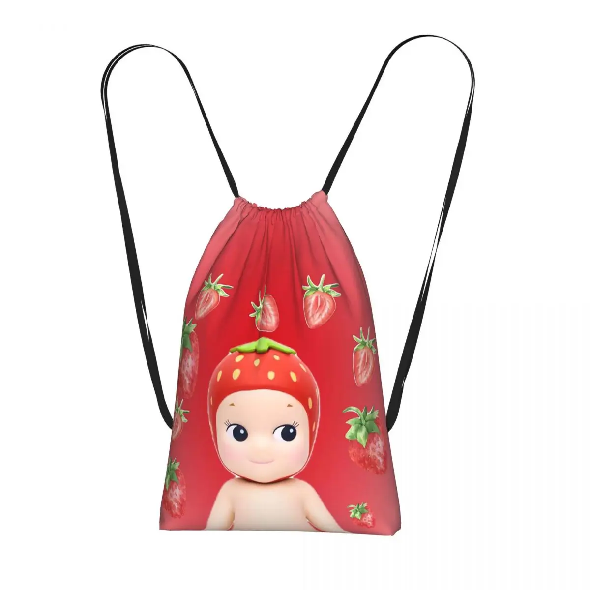 Cute Sonny Angel Strawberry Cartoon Girls Drawstring Backpack Sports Gym Bag Portable Travel Drawstring Bag for Men Women