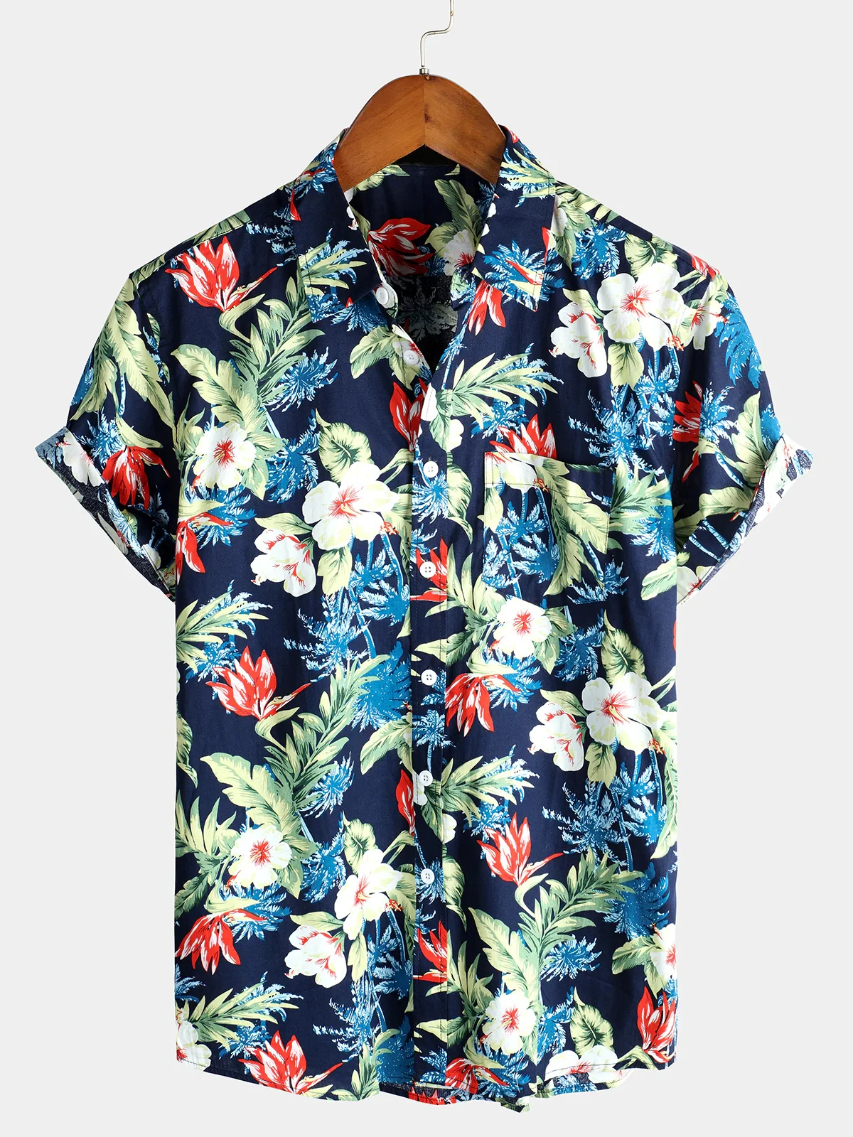 

Mens Hawaiian Floral Pocket Shirt Vintage Short Sleeve Shirt Button Down Vacation Casual