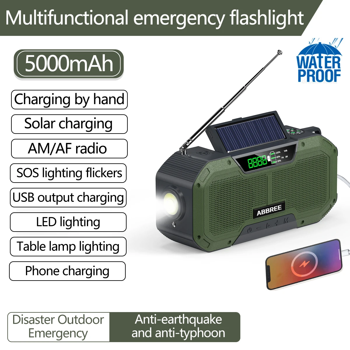 ABBREE Outdoor-Notfallradio, 5000 mAh, FM AM, LED-Taschenlampe, Aufladen von Solar, Handy, Aufladen, Handkurbel, SOS-Alarm, Kompass