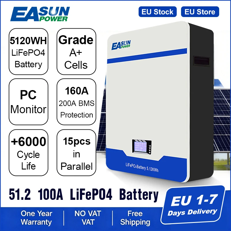 EASUN 5120wh 100Ah 51.2v 48v 16s Lifepo4 Lithium fer Phosphate Powerwall batterie énergie arrière parallèle 15p 6000 + Cycle BMS solaire