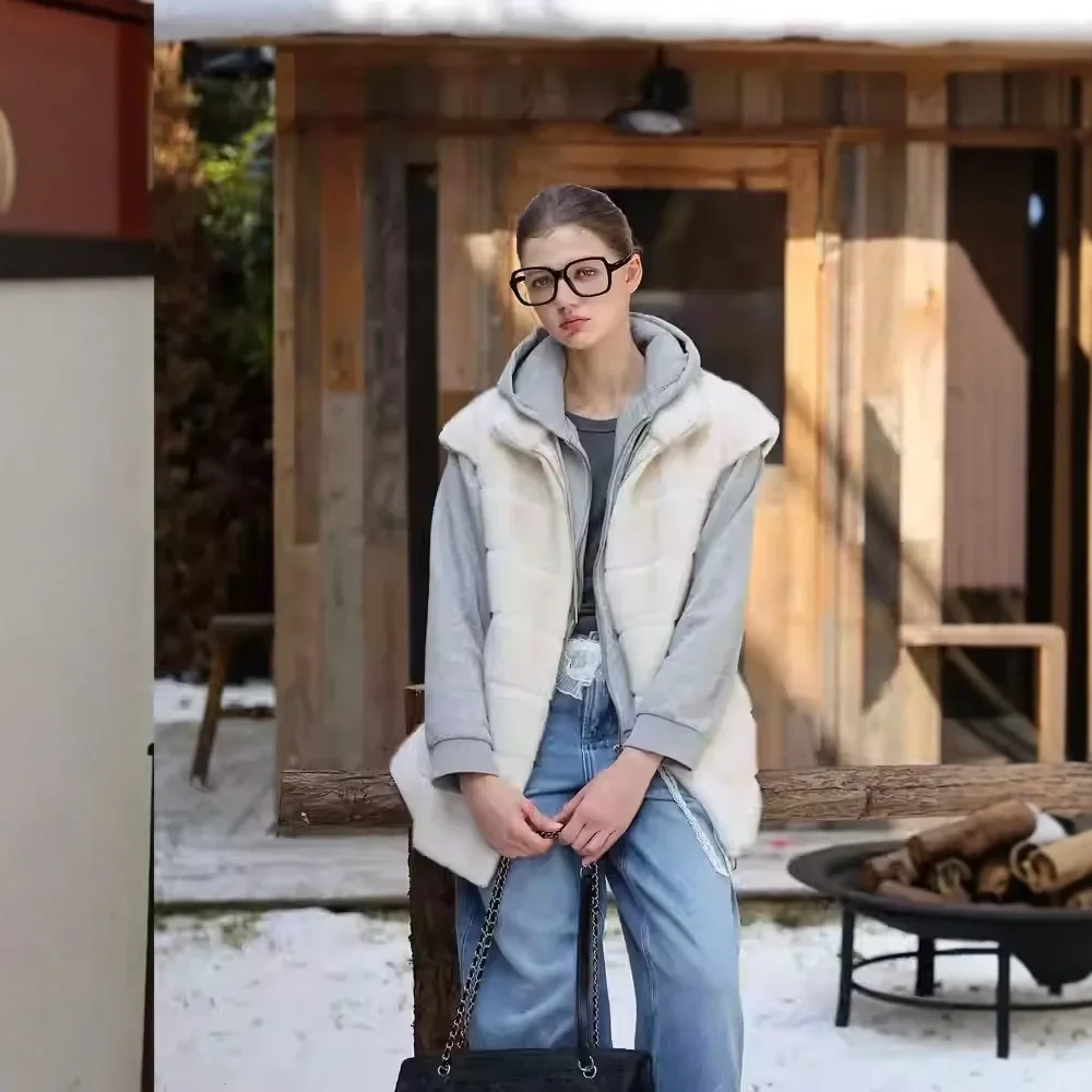 

Lady Mink Fur Jacket Slouchy-Style Female Eco Fur Outwear Minimalist Women Artificial Fur Vest Retro Round Neck Pockets