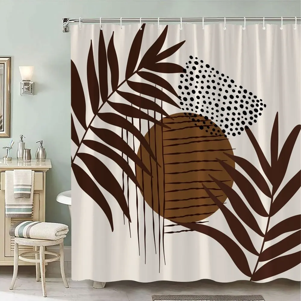 

Душевая штора с тропическим принтом 180x180 см – коричневые пальмы и геометрические фигуры на кремовой основе, современный декор для ванной в стиле бохо, 12 крючков