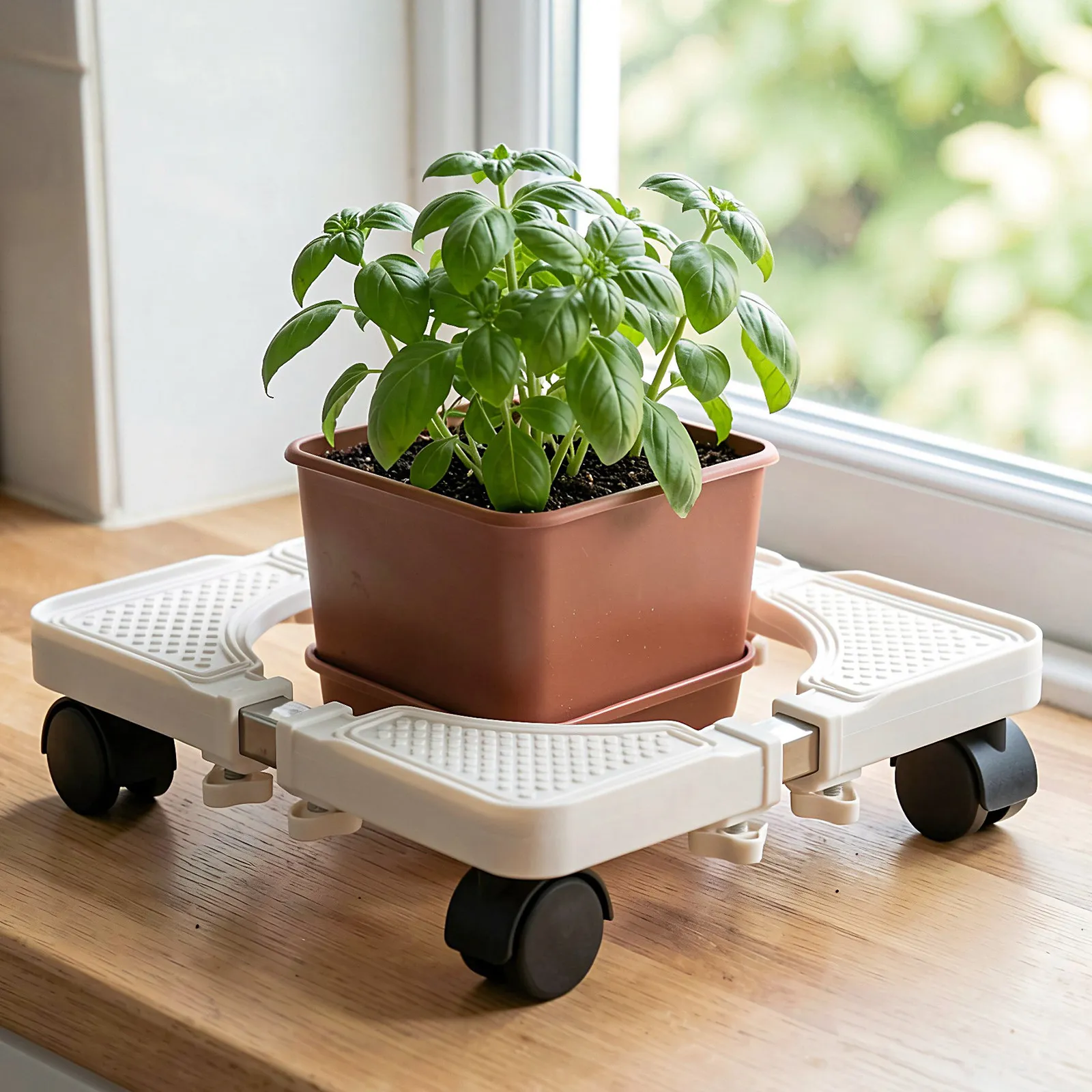 White Movable Plant Flowerpot Stand Tray with Caster Wheels Adjustable Rolling Plant Saucer Heavy Duty Mobile Flower Pot Holder