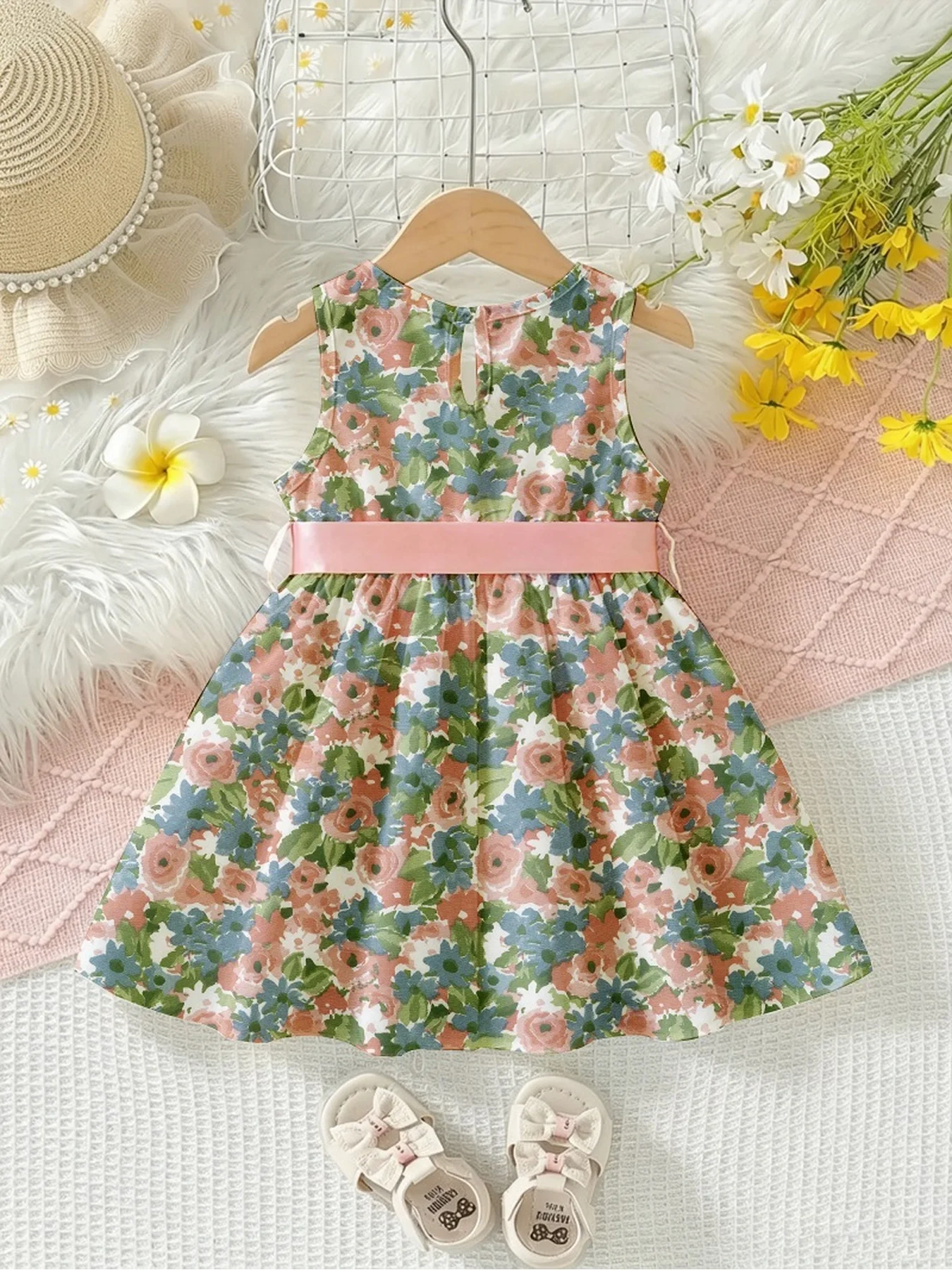 Children's Casual round Neck Sleeveless Dress with Flower Leaf Print Waist Cinching Tie up Design mid Length Skirt