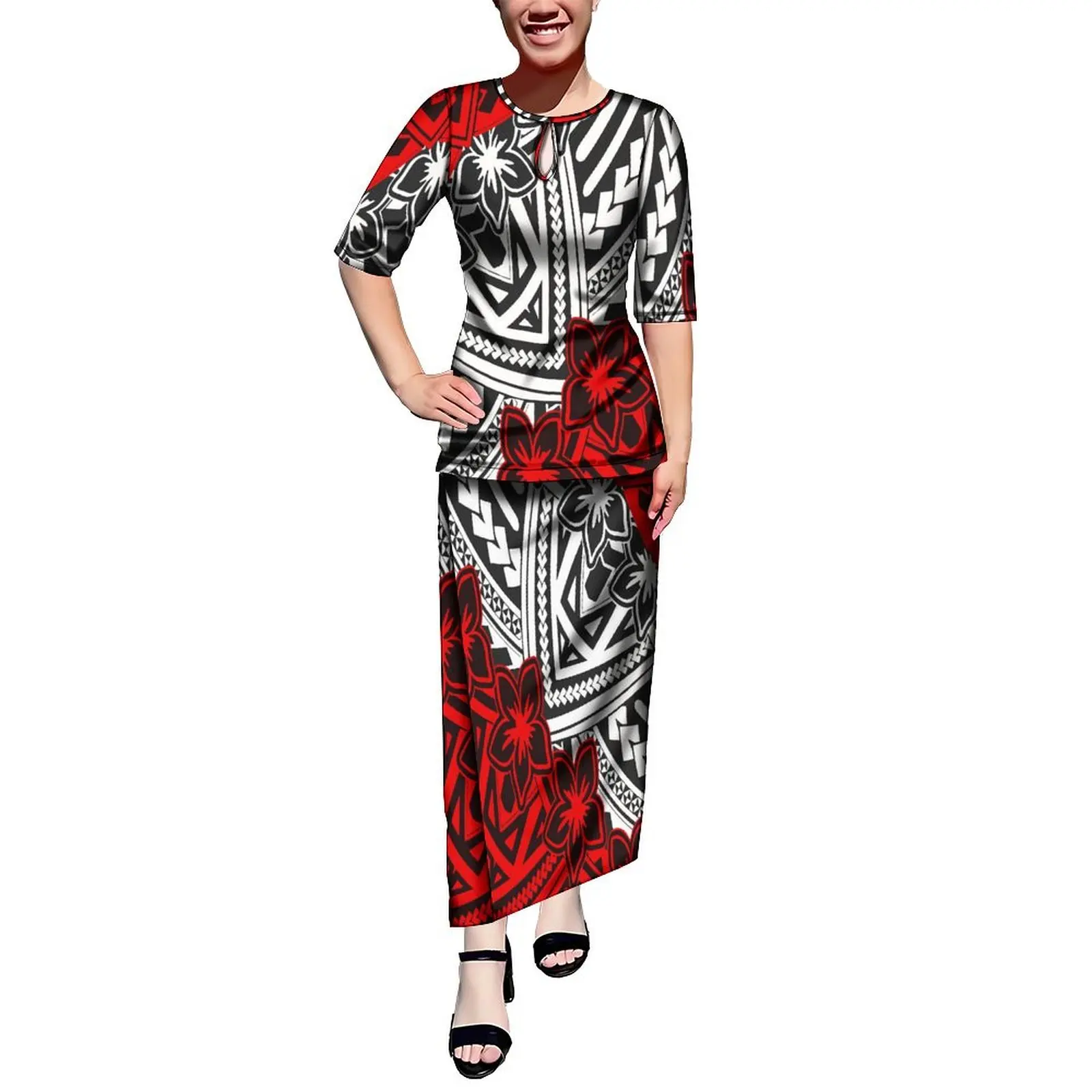 New Wholesale Custom Tapa Polynesian Tribal Print Women Water Drop Design Half Sleeve Dress Tonga Puletasi Dress And Top 2pcs