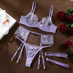 Sexy Lace Perspective Embroidered Underwear with Chain Elegant Bras Three Pieces Set Women's Solid Exotic Apparel Intimates Suit